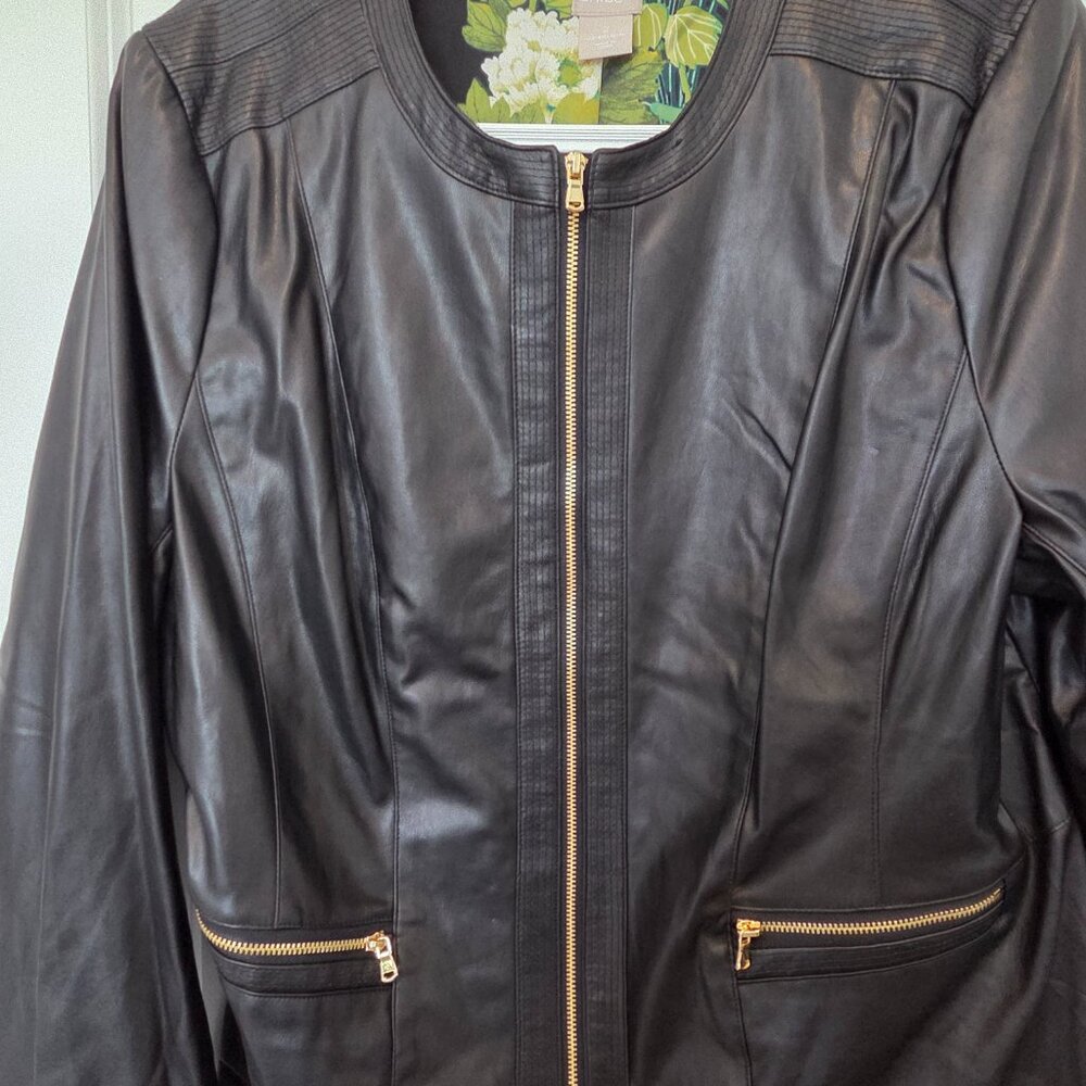 Chico's Faux Leather Black Bomber Jacket w/Floral Lining - Sz 2 / L / 14 - NWOT - Picture 6 of 10
